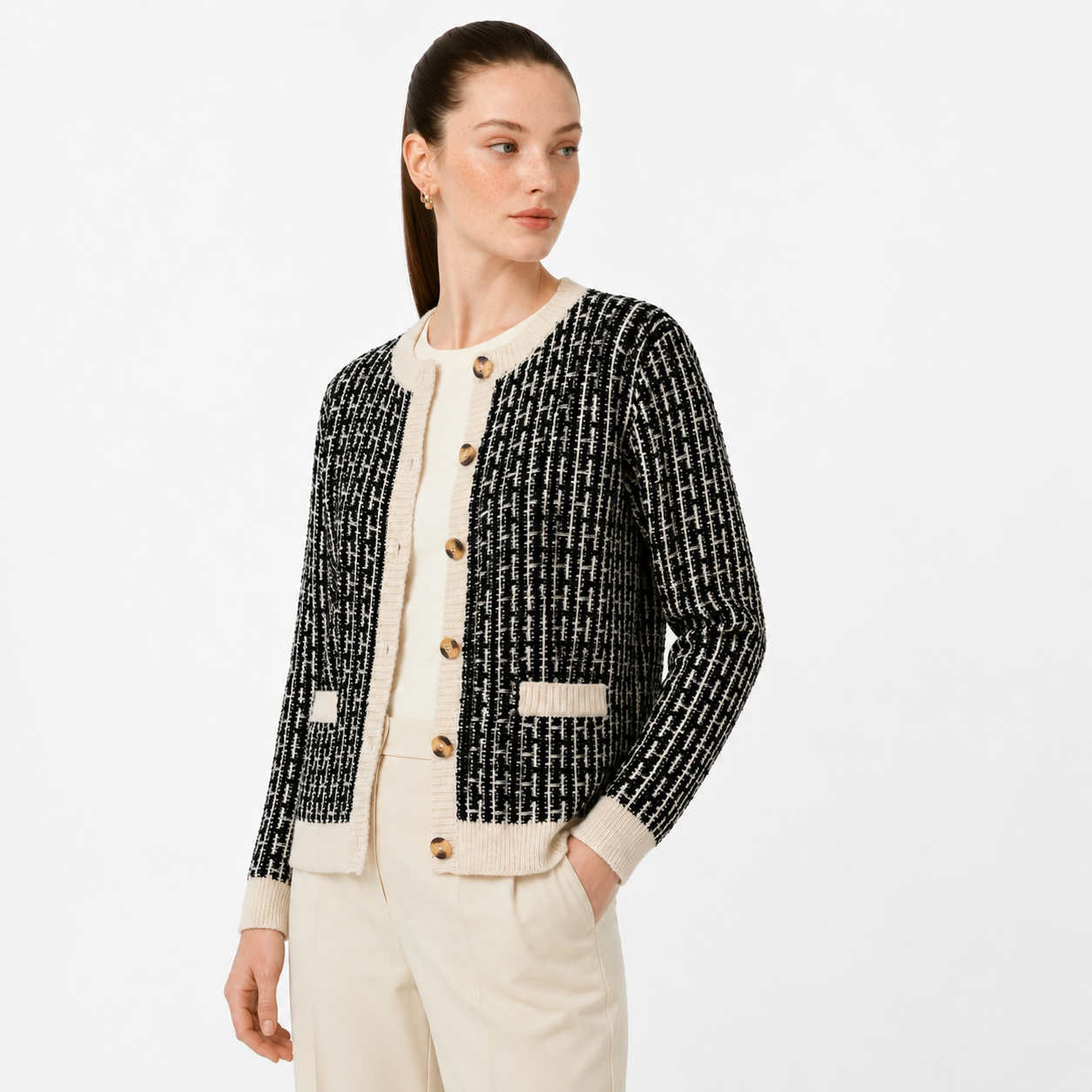 Textured Knit Tweed Style Cardigan